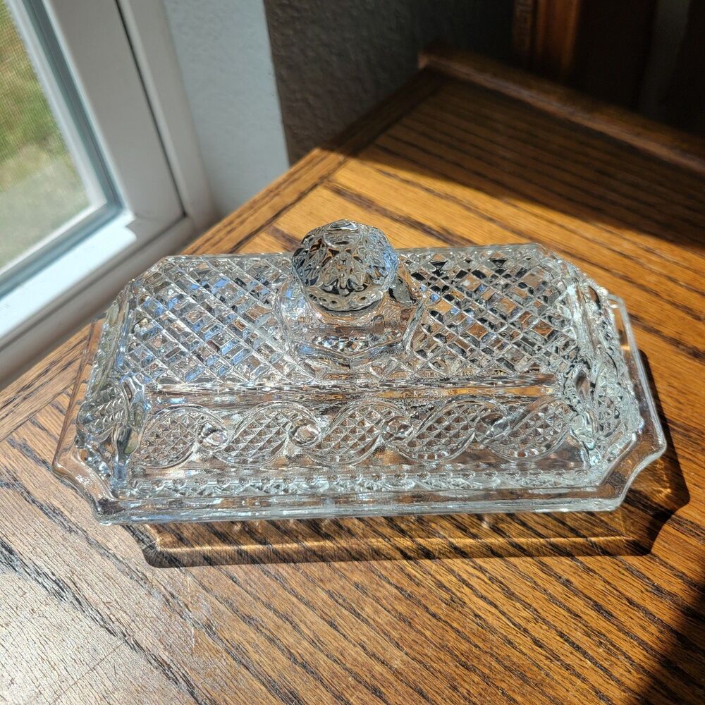 Vtg Avon Clear Glass Rectangular Covered Butter Dish Lid Retro Design Cottage